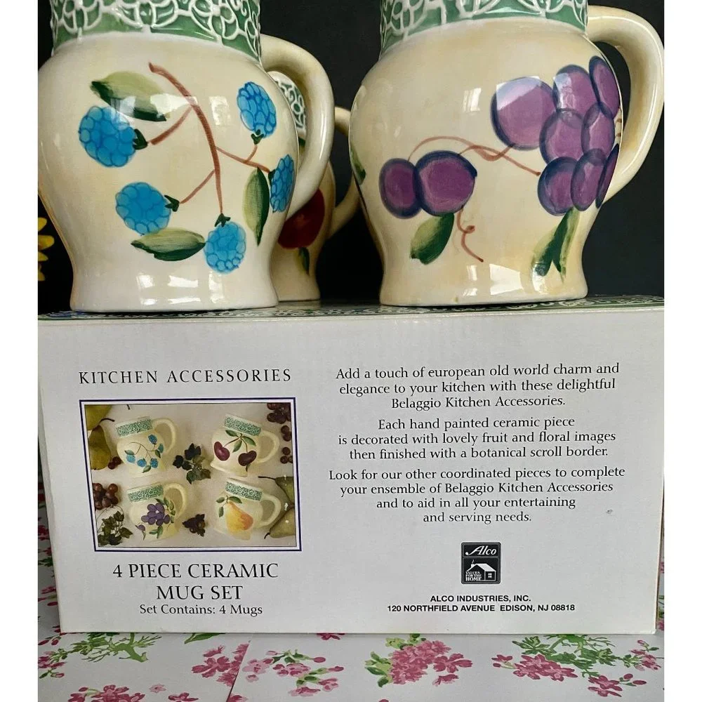 Alco Belaggio 4 mugs,‎ NEW, ceramic, mug set, 20 OZ, decorated w fruit/flowers